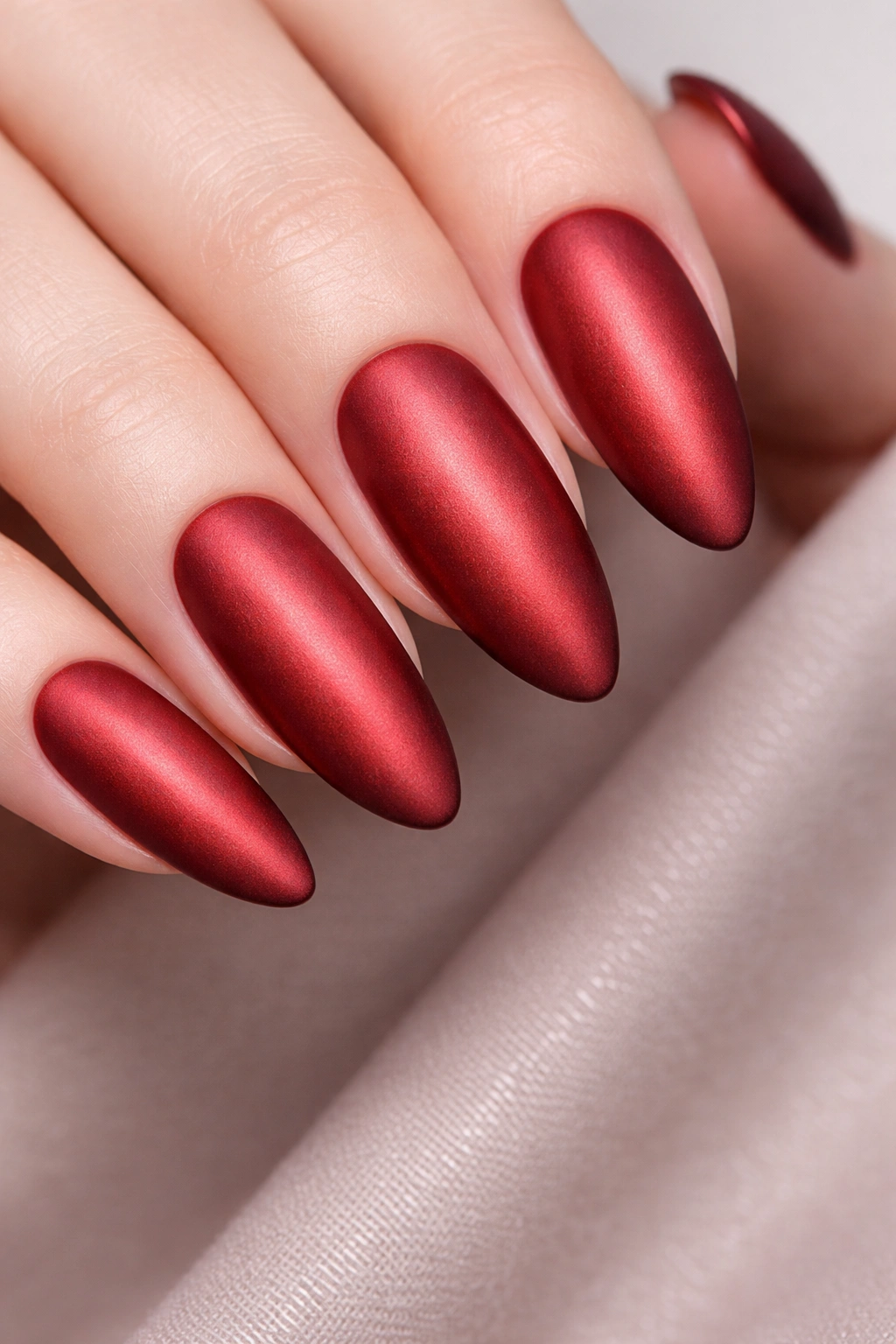 Close-up of red chrome nails with velvet matte top coat showing satin finish