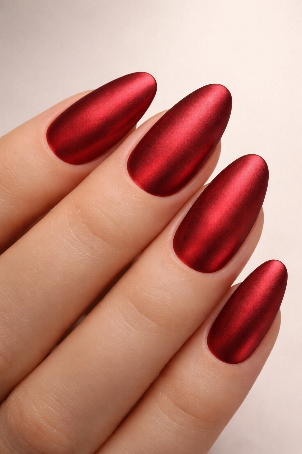 Close-up of red chrome nails with velvet matte finish