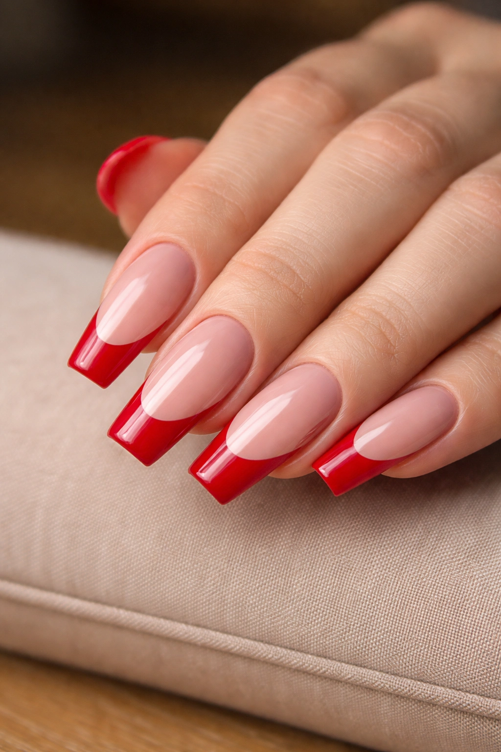 Close-up of coffin-shaped nails with red French tips on a neutral background