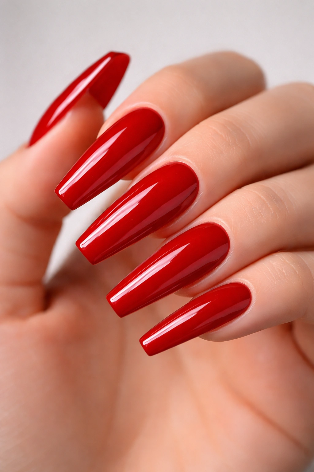 Close-up of true red glossy coffin nails on a hand