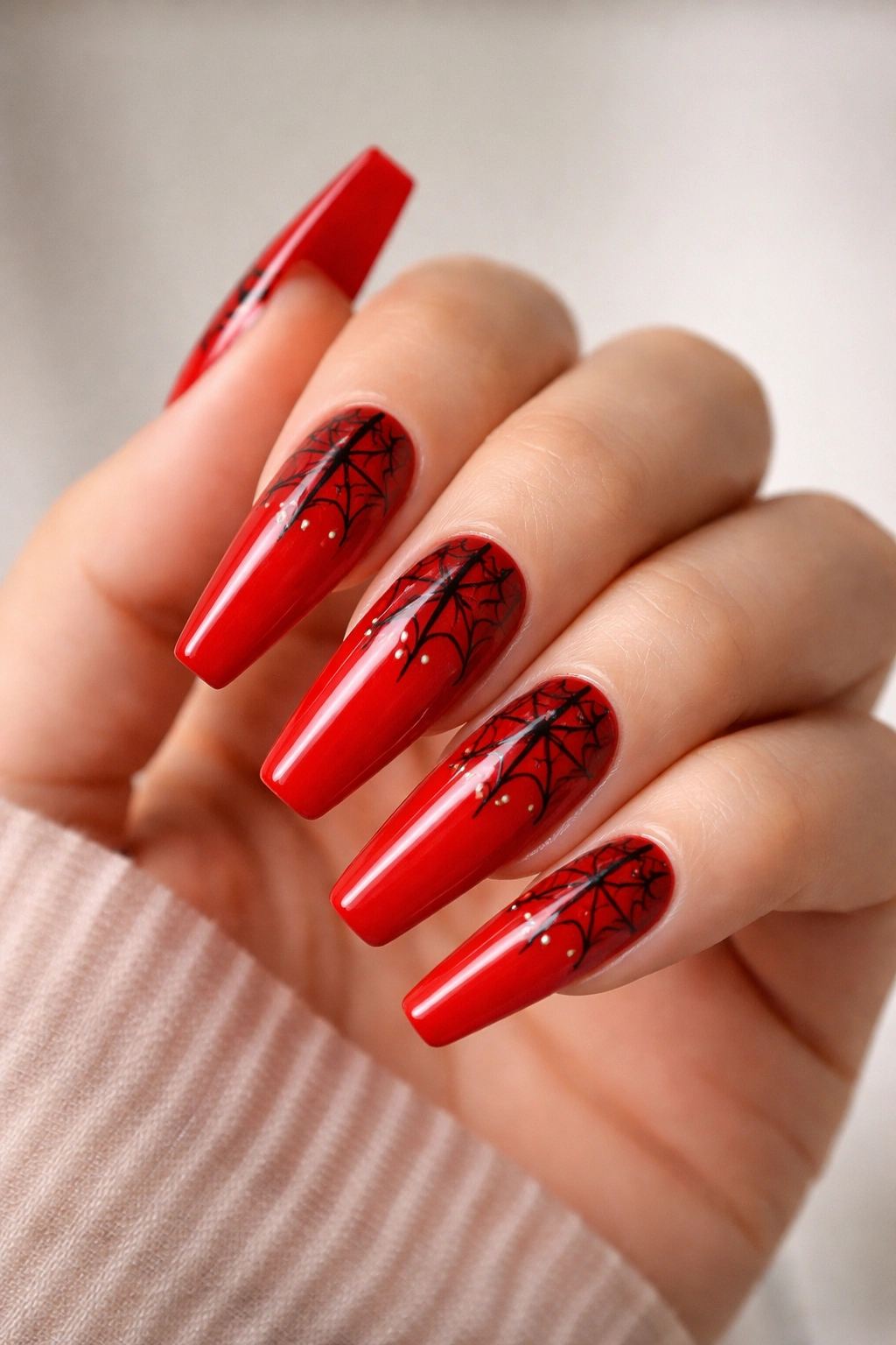 Red coffin nails with black spider web patterns on a neutral background