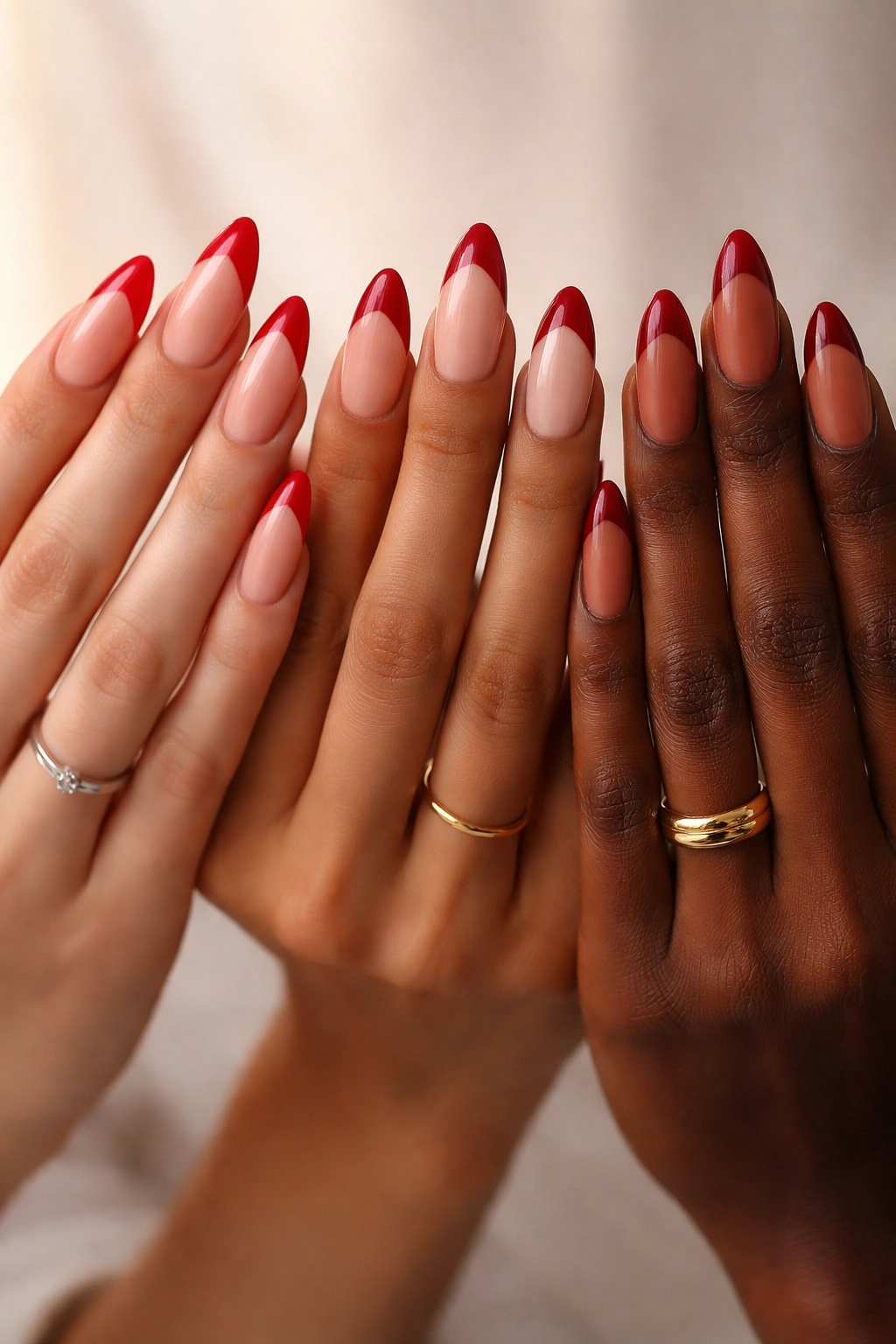 Three hands with almond nails in different red shades on varying skin tones