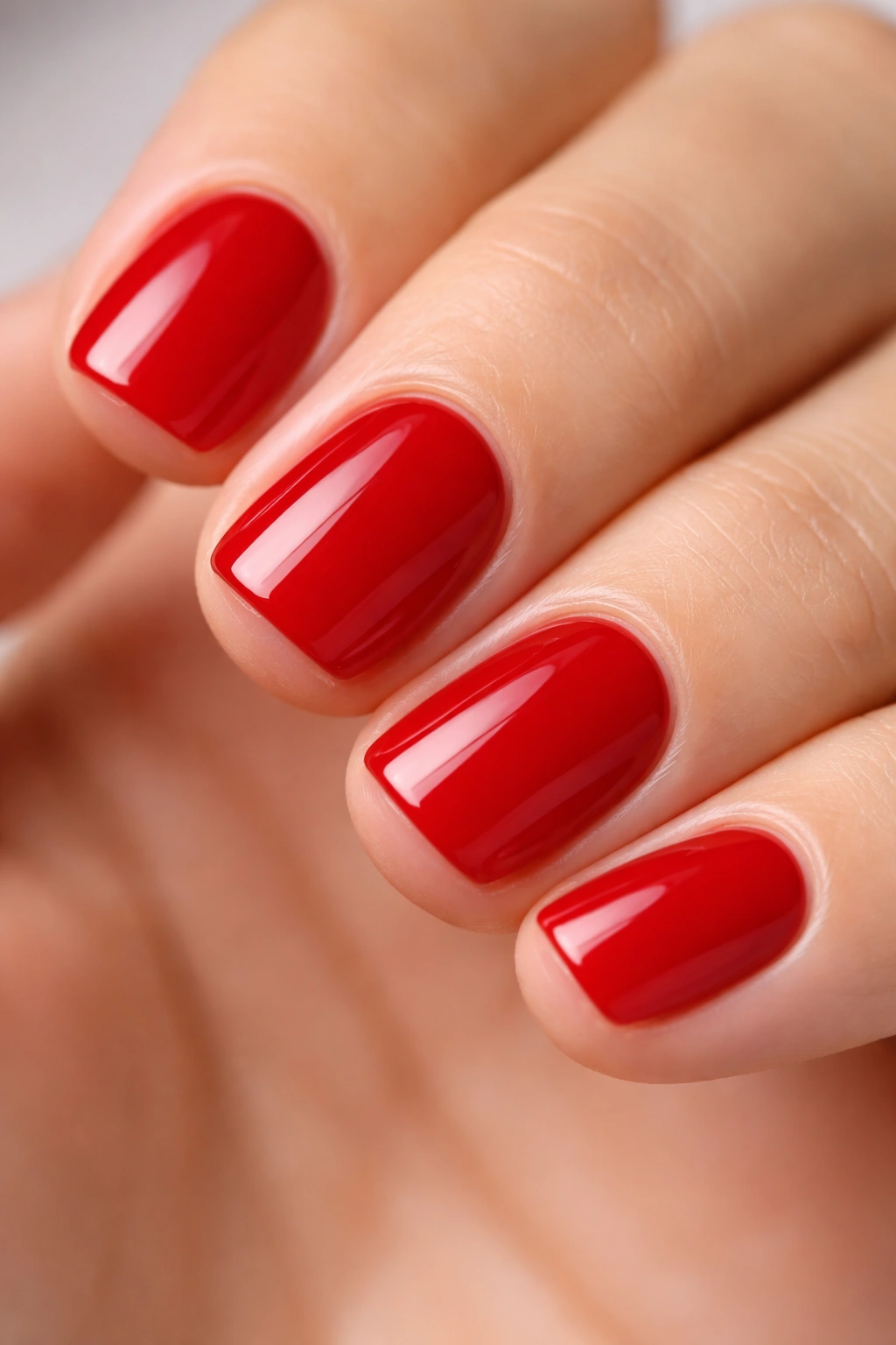 Close-up of short squoval nails in true red crème with glasslike finish