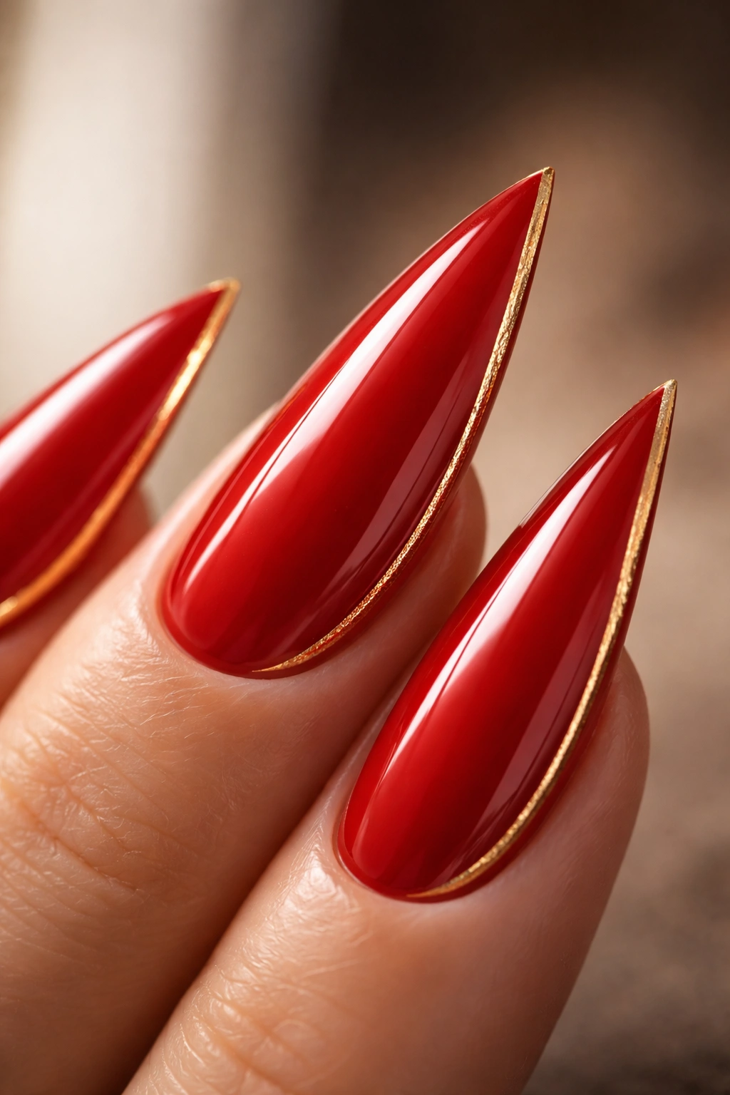 Curved red nail with a delicate gold foil line along the edge