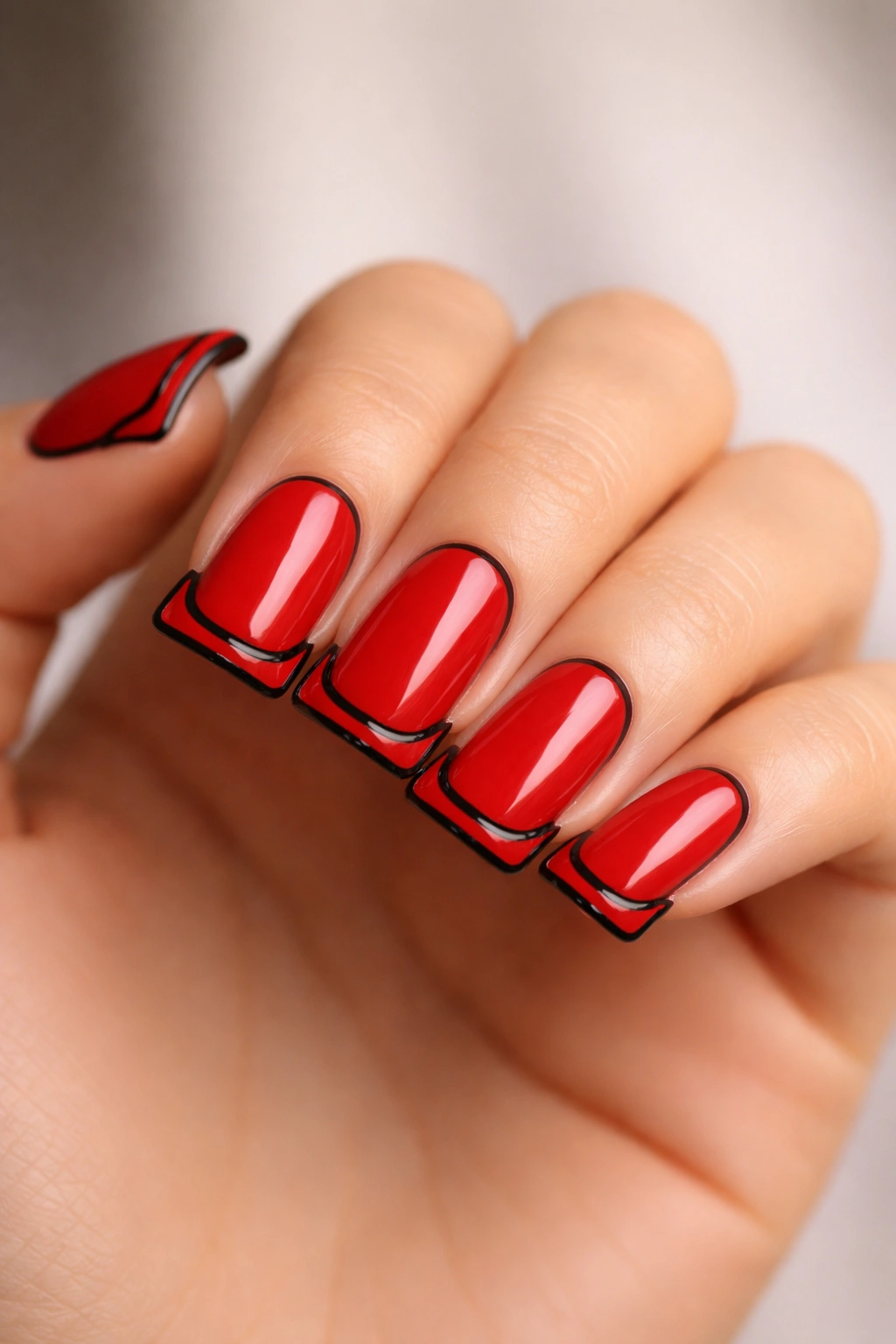 Glossy red duck nails with black outline on short nails