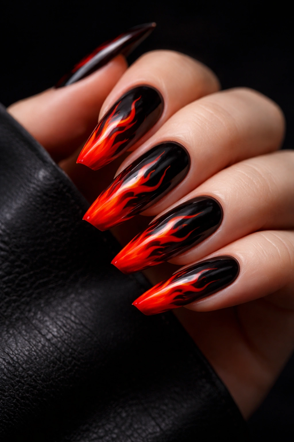 Black nails with red flame tips