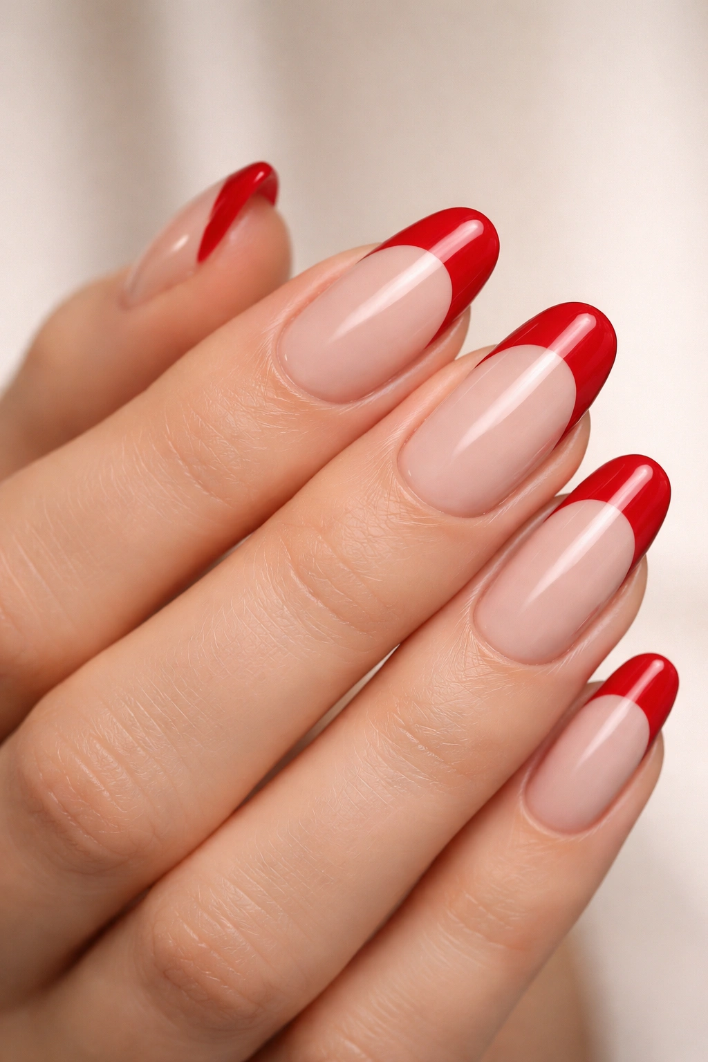 Classic red French manicure on nude base nails