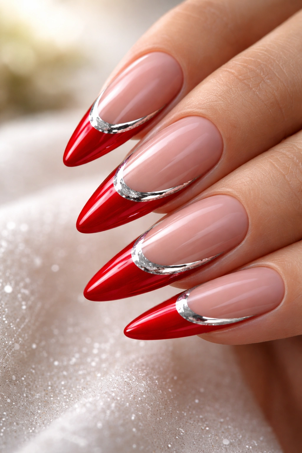 Almond nails with red tips and chrome line along the smile line