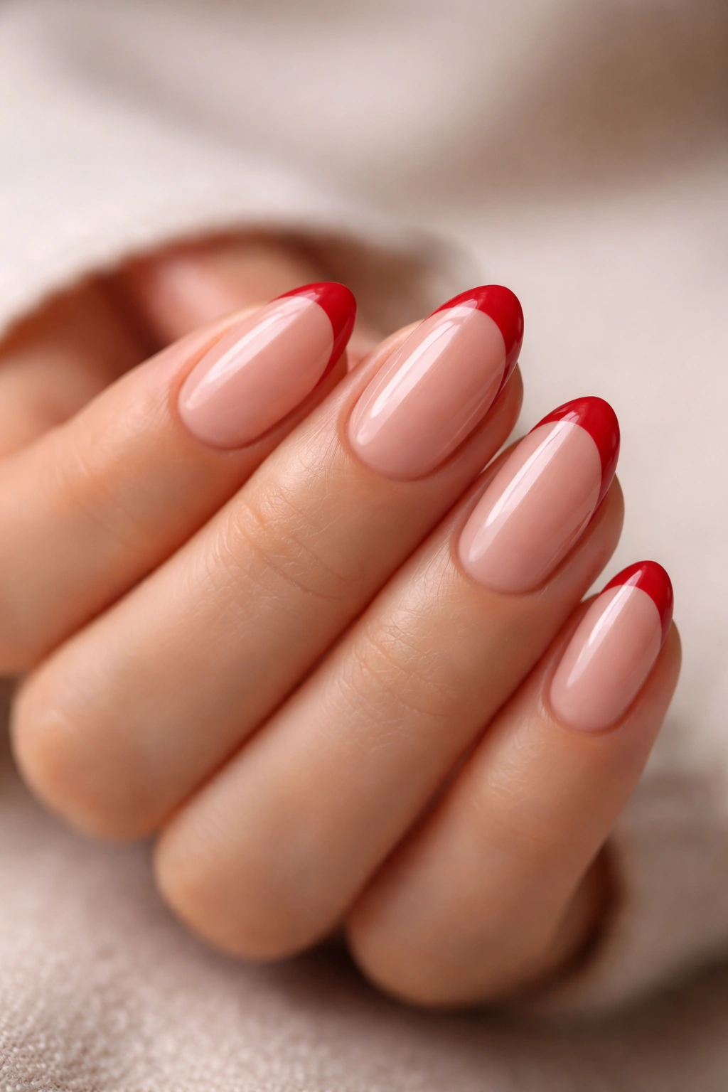 Close-up of red French tips on nude base nails