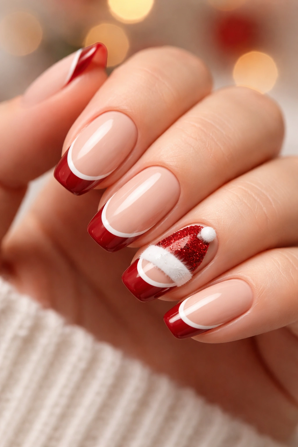 Close-up of nails with red French tips and Santa hat accent