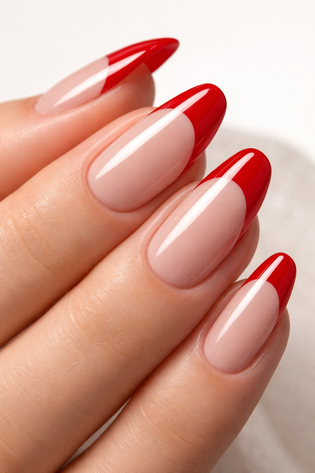 Red French tip nails on a nude base with red tips