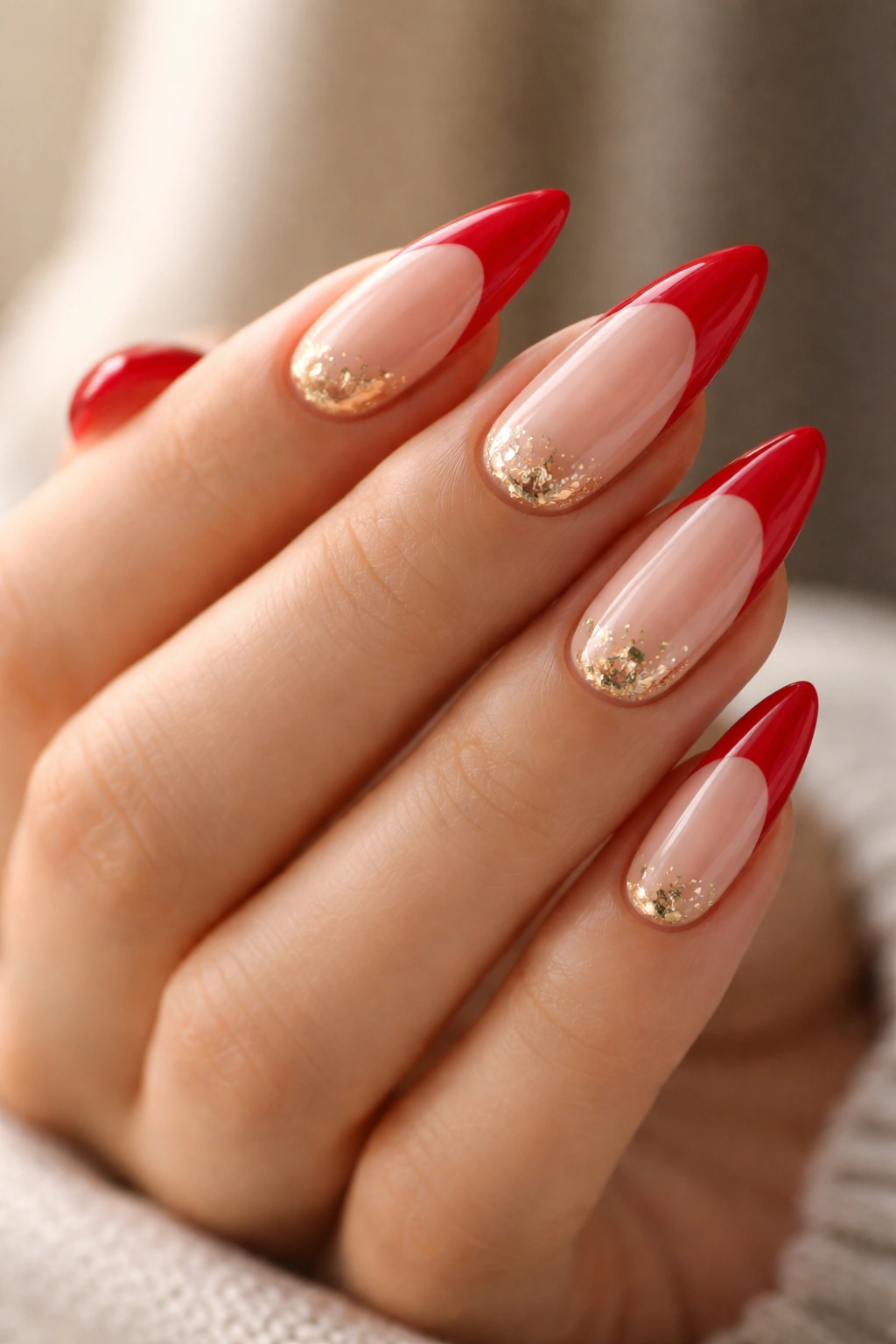 Close-up of almond nails with red French tips and gold foil accents