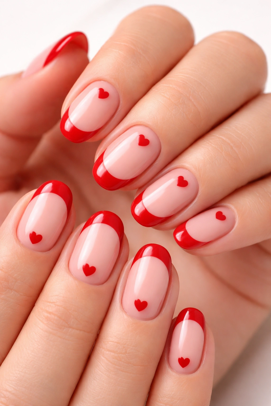Close-up of nails with red French tips and tiny hearts near bases