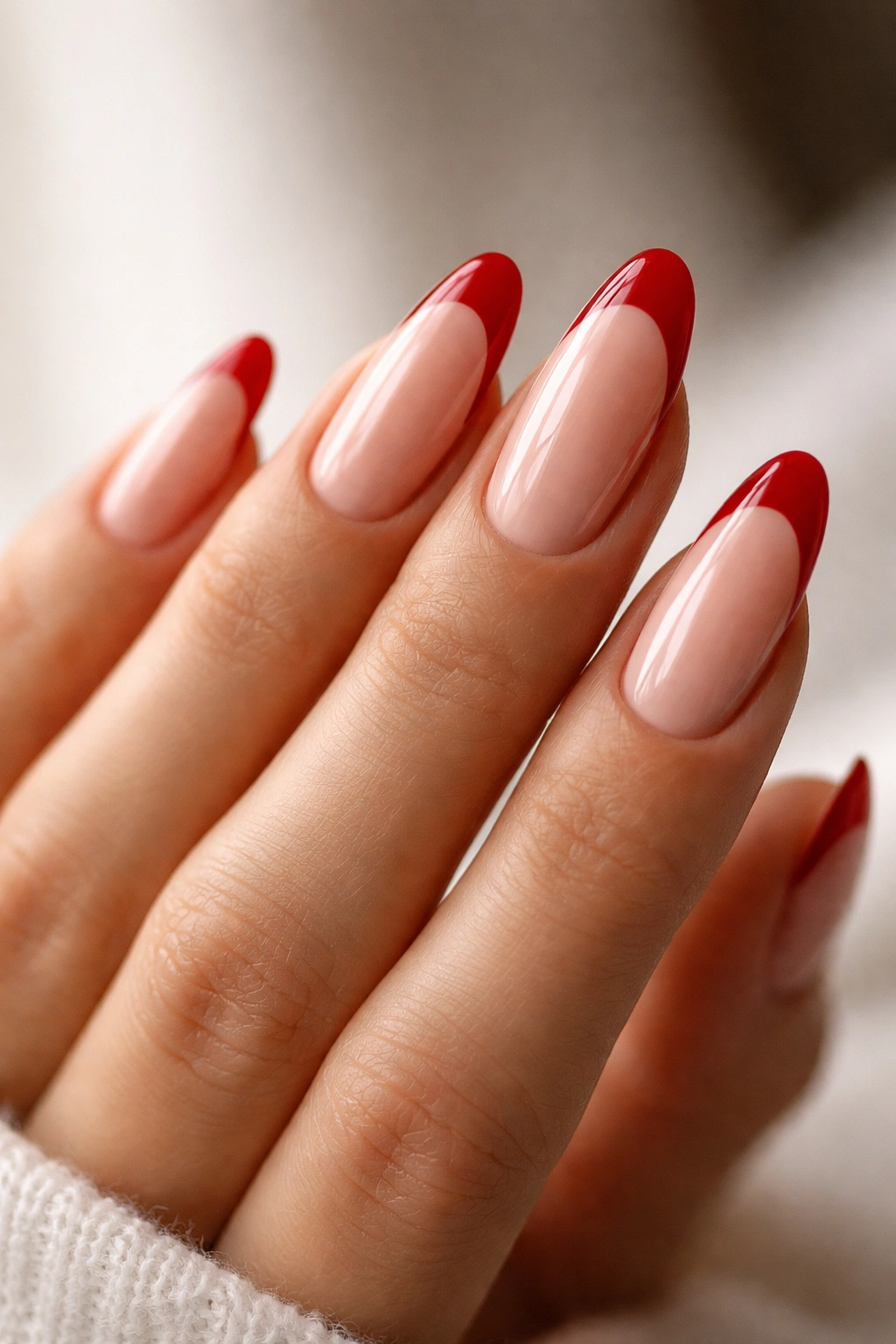 Almond nails with crisp red tips and glossy finish