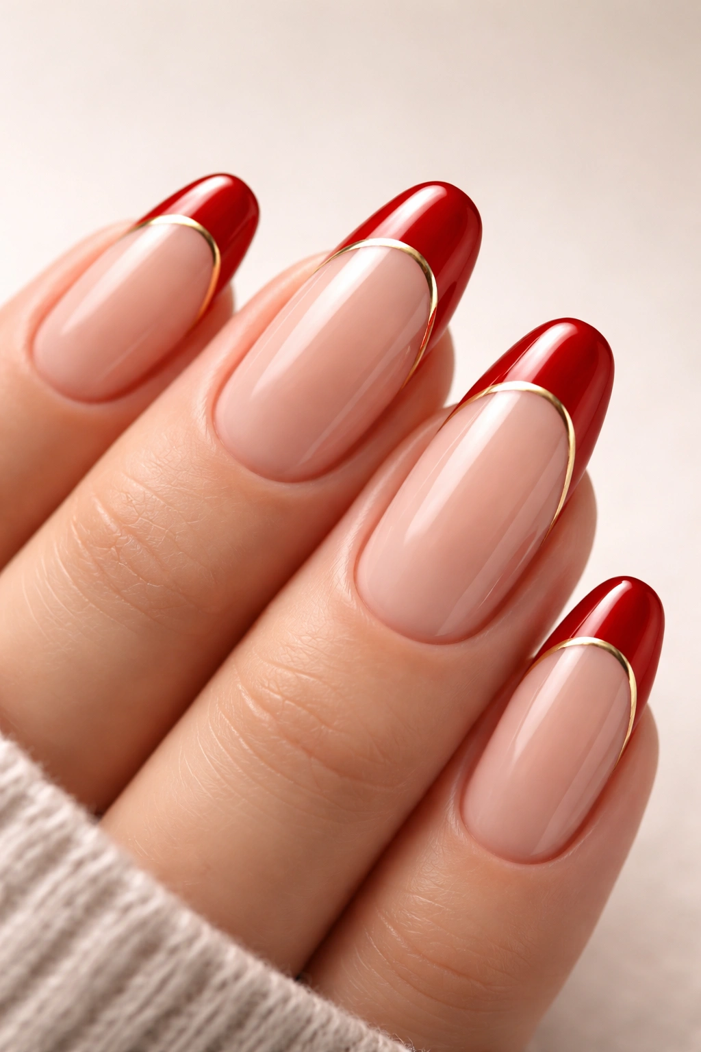 Nude-based nails with red French tips and gold edge accent