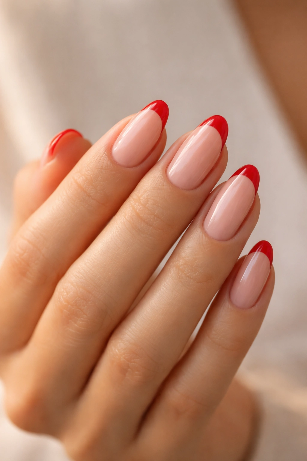 Short almond nails with sheer base and red French tips