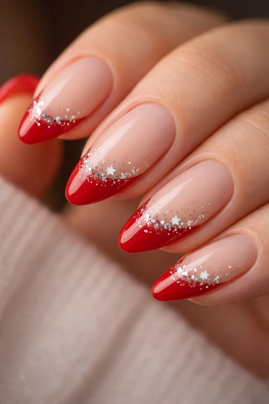 Close-up of almond nails with red tips and silver star glitter accents