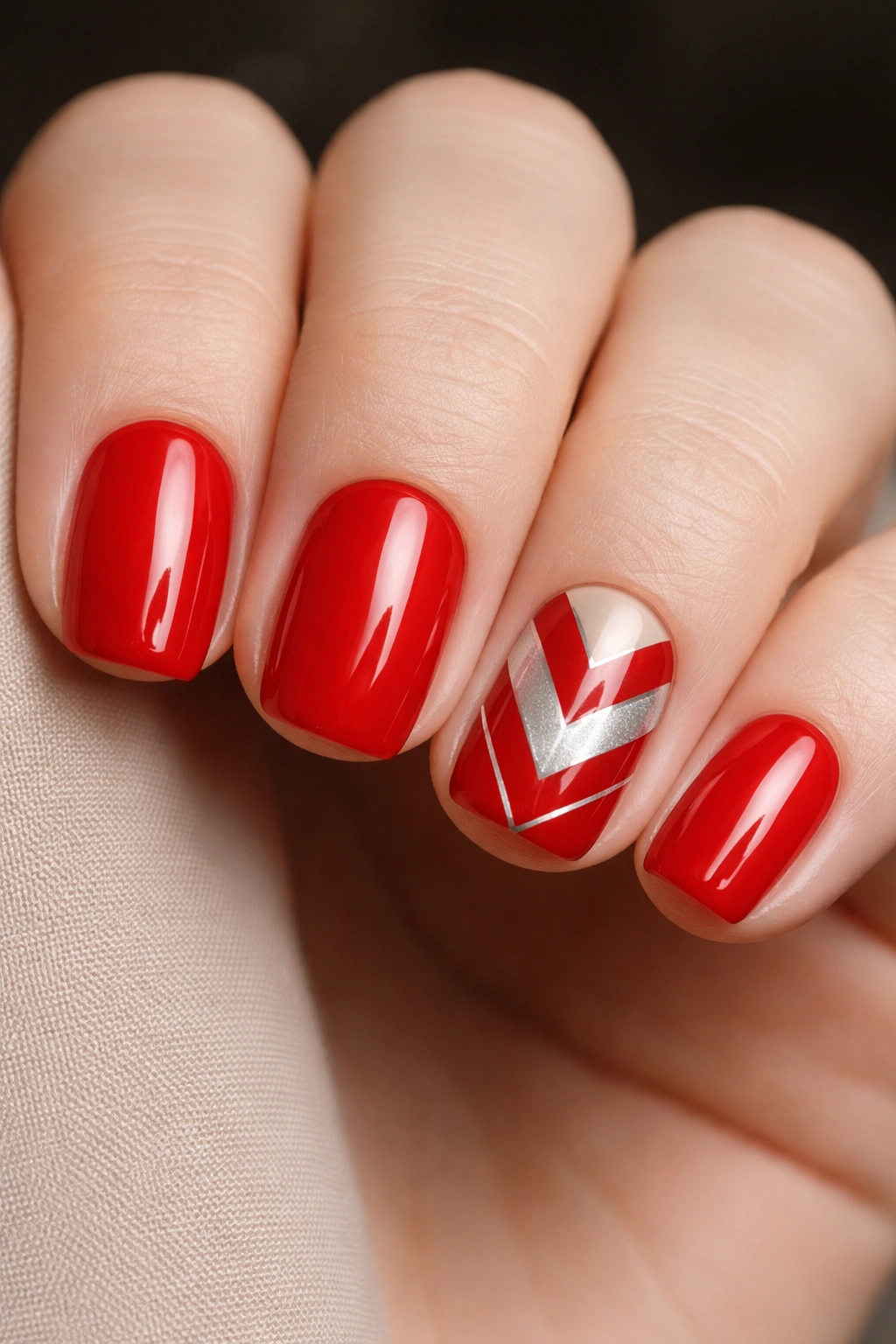 Red squoval nails with geometric patterns on an accent nail