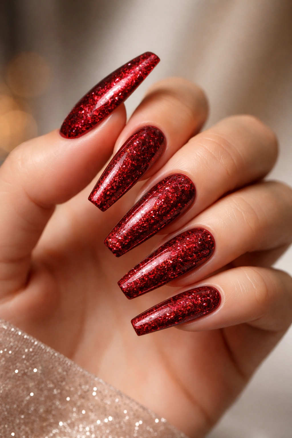 Close-up of long coffin nails with bold red glitter on a neutral background