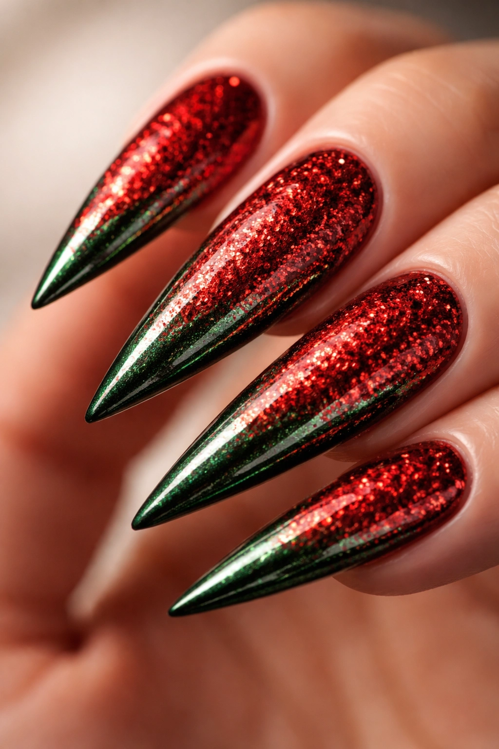 Close-up of stiletto nails with red glitter over a green metallic base