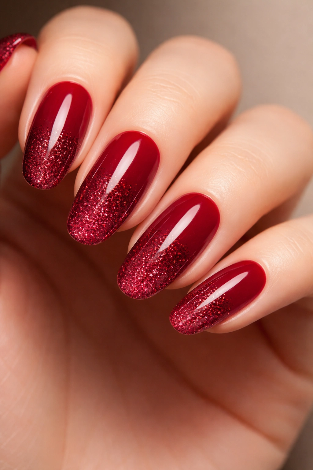Close-up of long round nails with deep red gradient to glitter at tips