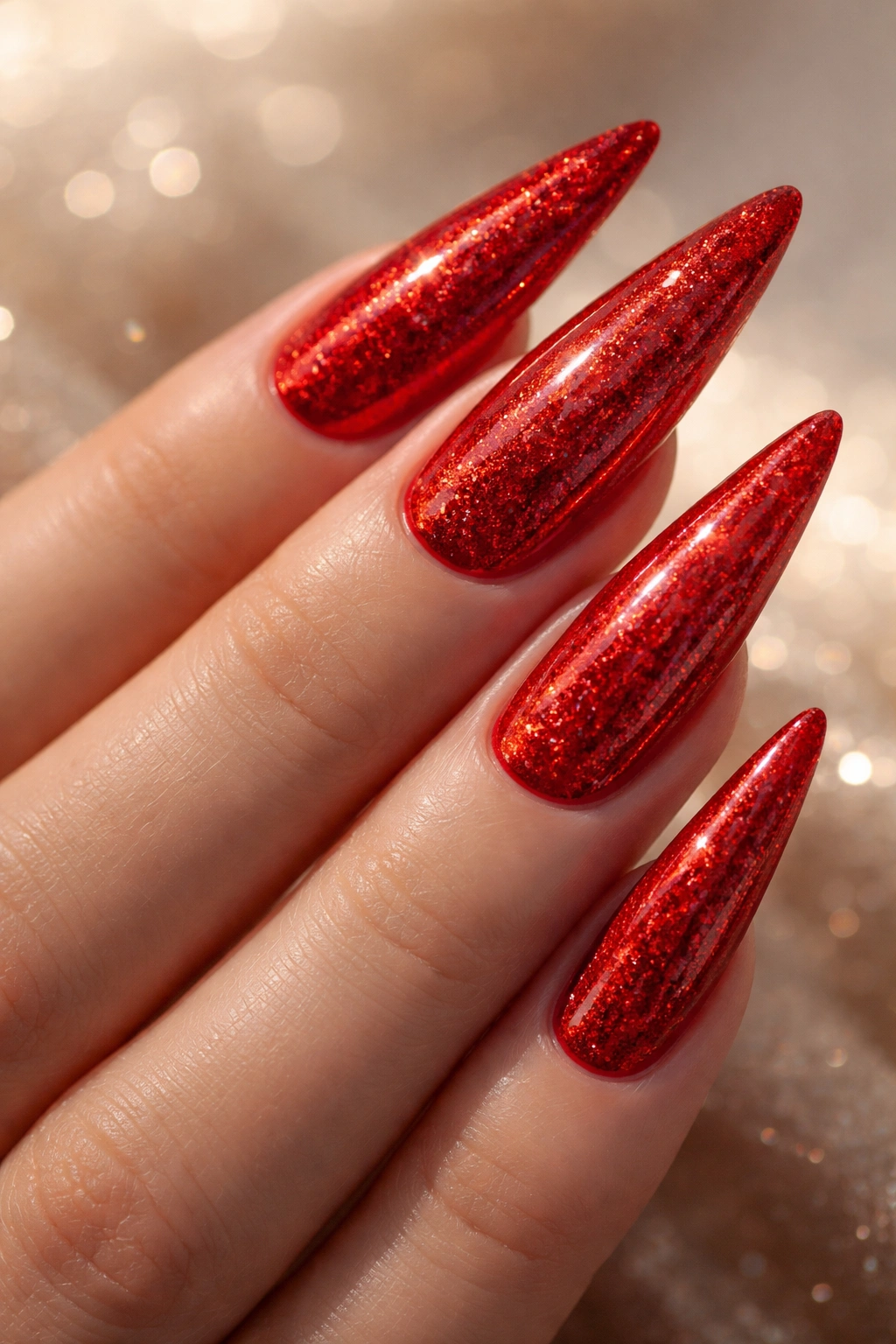 Red nails with scattered glitter for subtle sparkling effect.