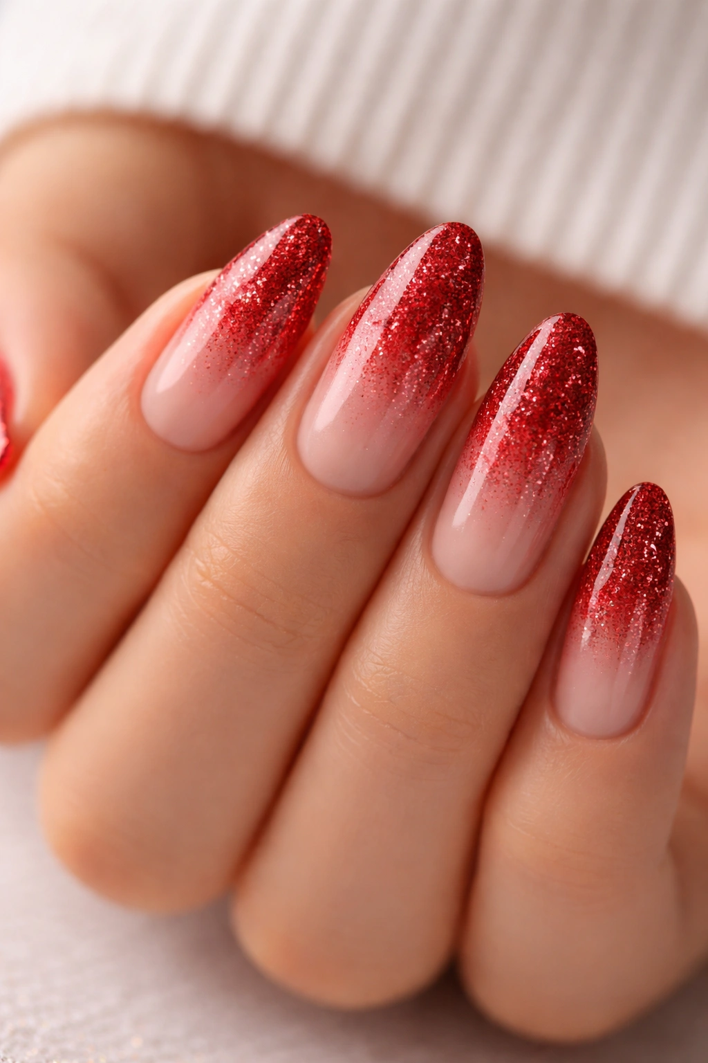 Almond nails with red glitter ombre on tips