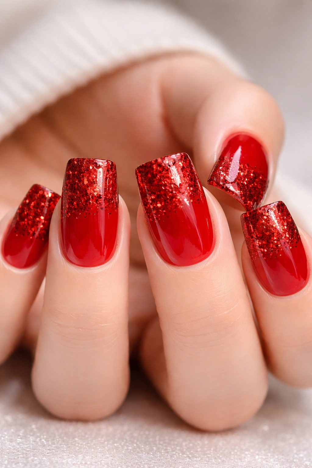 Close-up of short nails with red glitter on duck-nail shape
