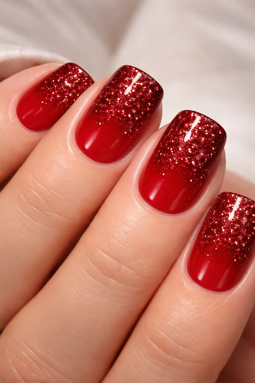 Short squoval nails with red glitter gradient