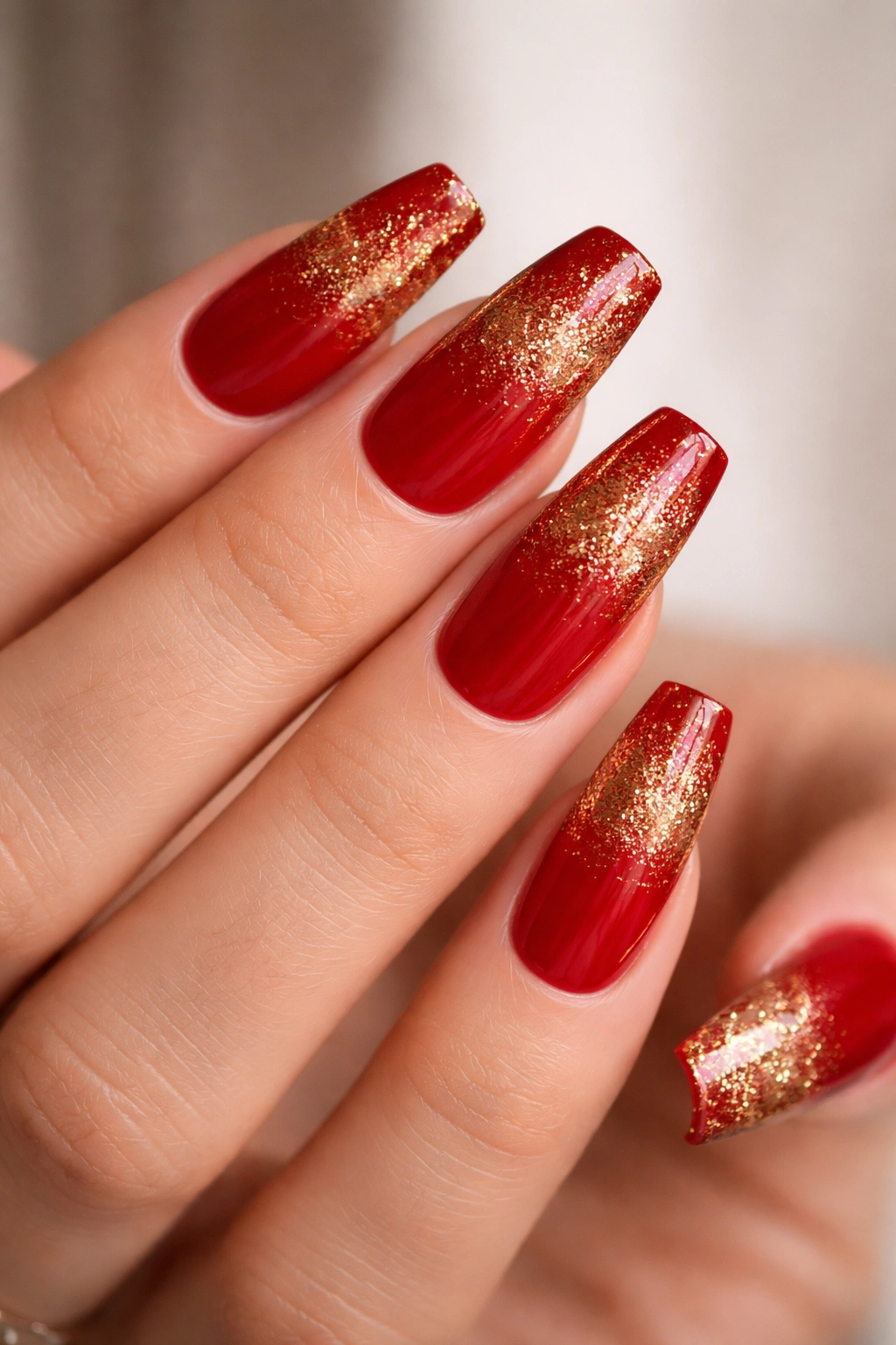 Close-up of medium coffin nails with red base and gold glitter gradient at tips