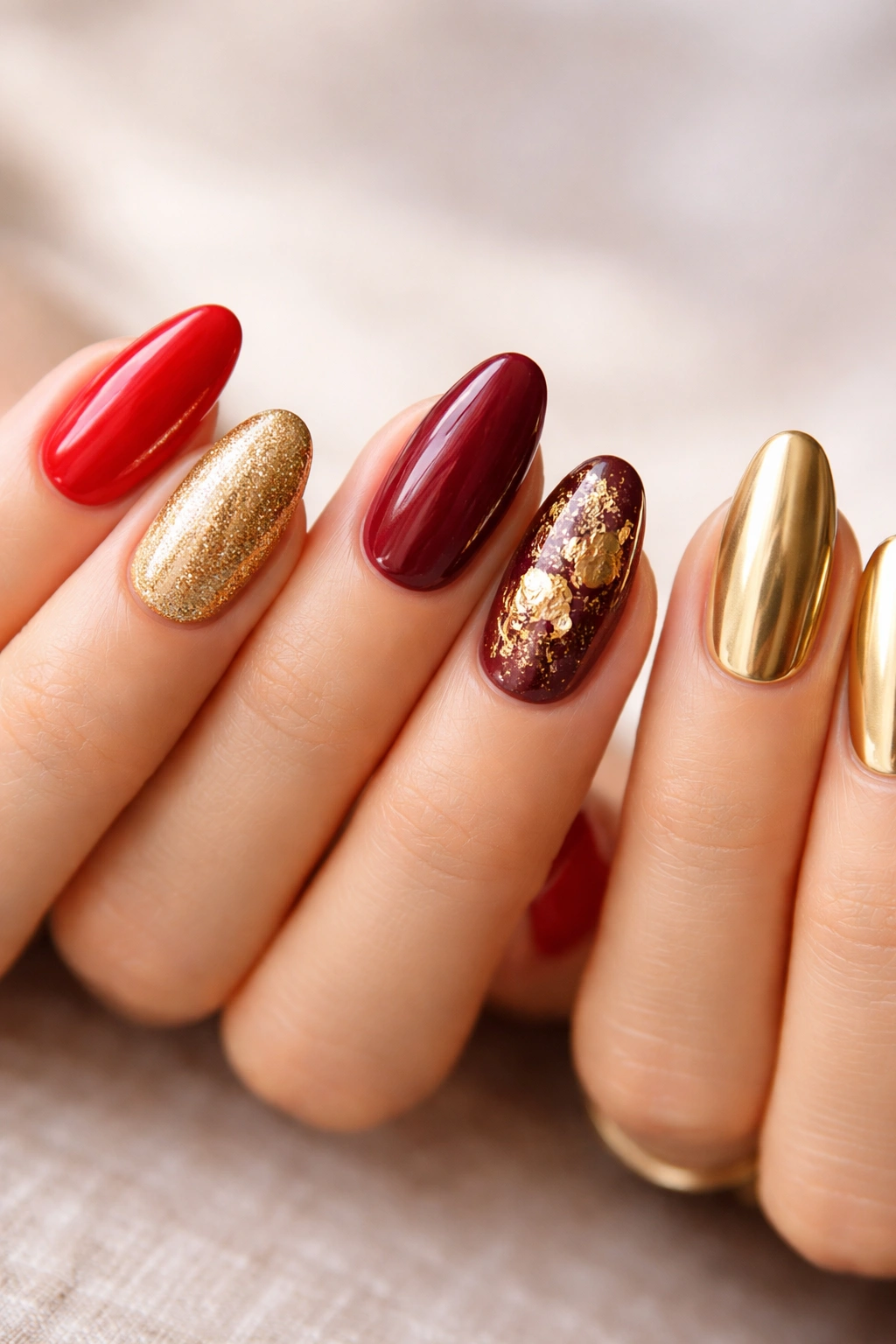 Three short almond nails showcasing different red and gold combinations.