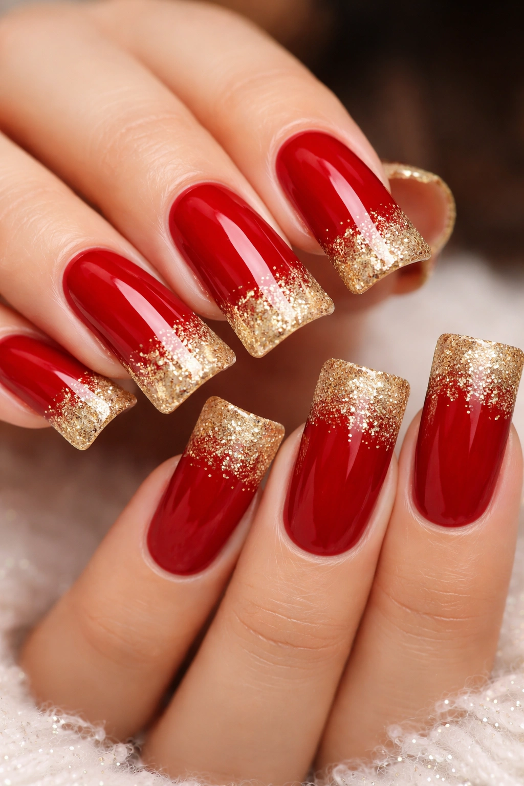 Duck nails in red with gold glitter tips on a neutral background