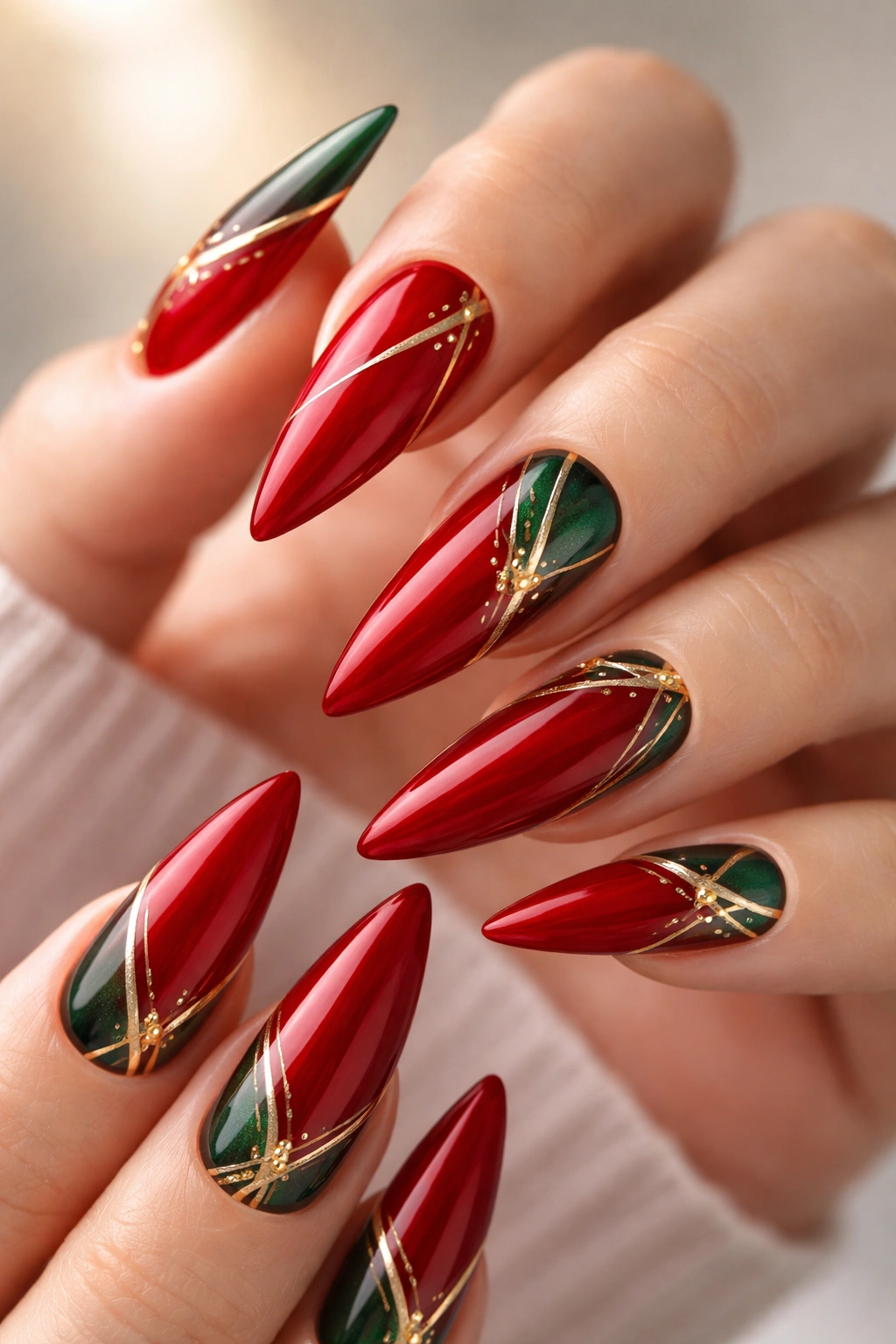 Glossy red nails with gold and green accents on stiletto shape