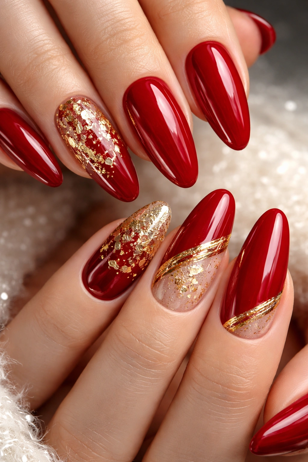 Close-up of red nails with gold foil and accents