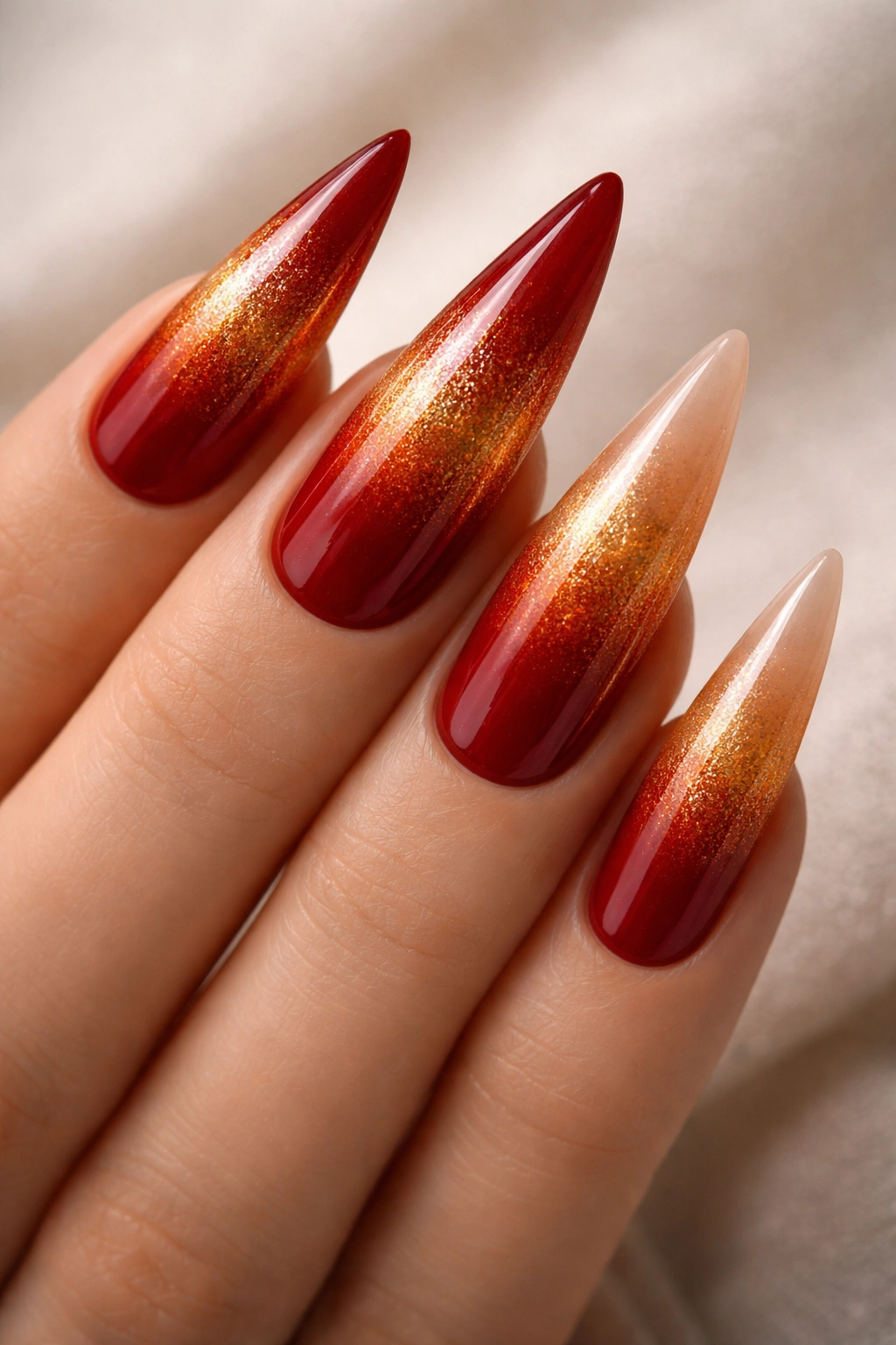 Red stiletto nail gradient from red to gold to nude