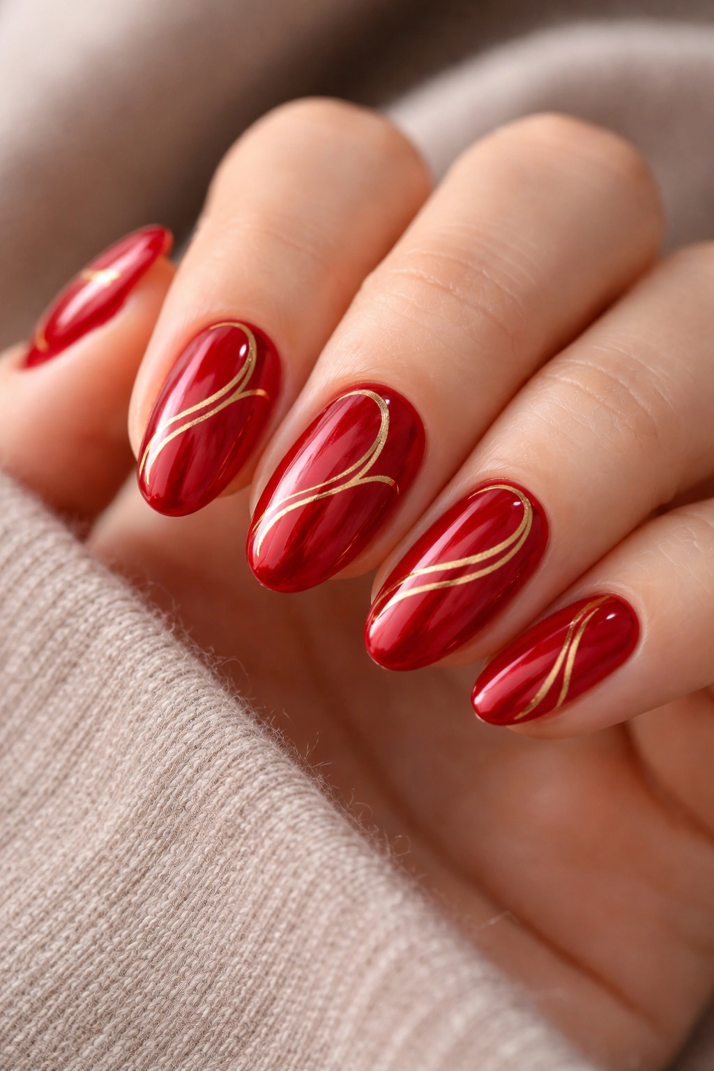 Close-up of short almond nails with red base and thin gold abstract swirls.