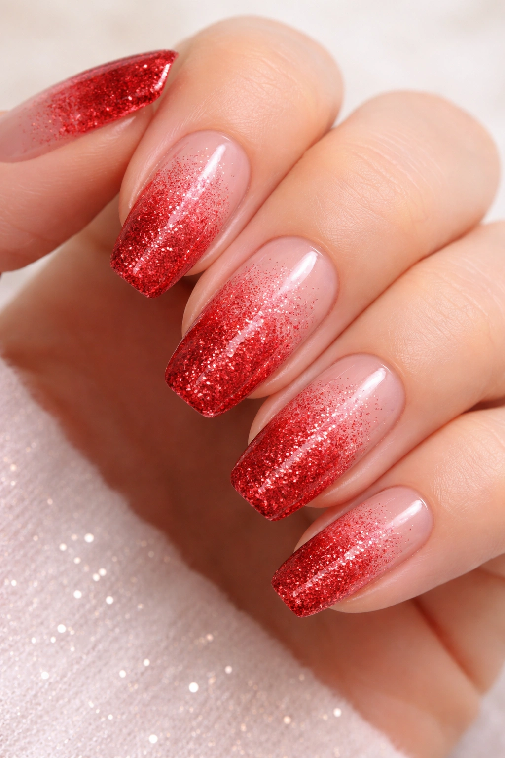 Close-up of red gradient glitter nails with fine glitter ombre
