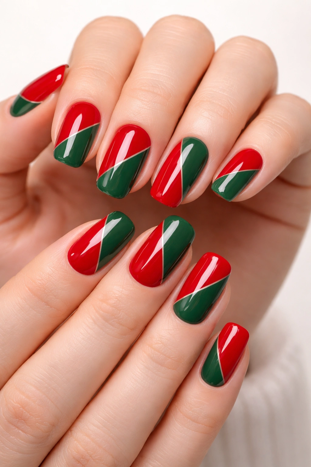 Close-up of red and green color-block manicure with clean lines and glossy finish