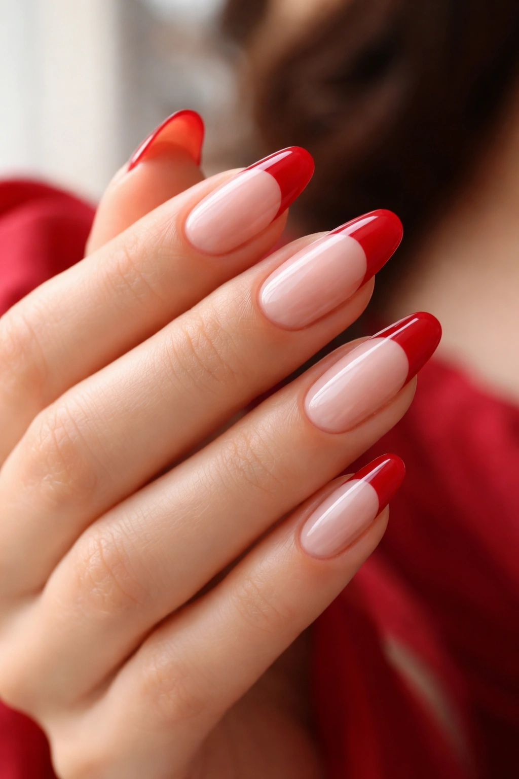 Nails with sheer blush base and red half-moon near cuticle on ballerina nails