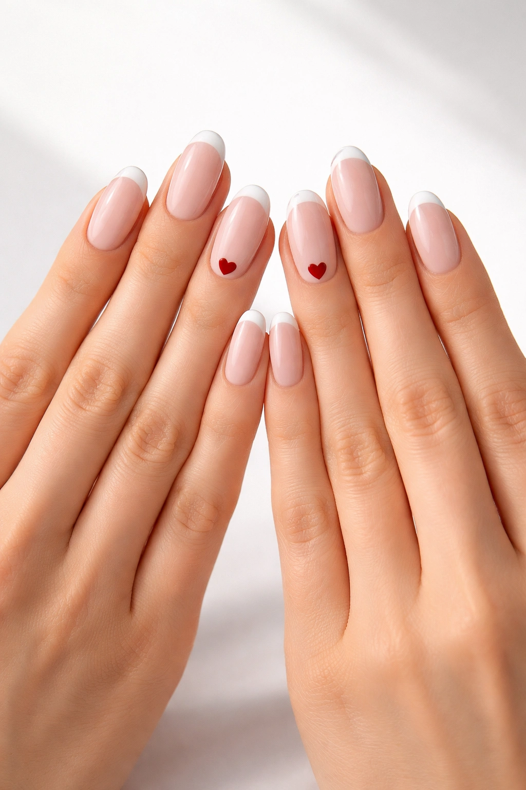 Nails with nude base, white tips, and red hearts on ring fingers mirrored on both hands