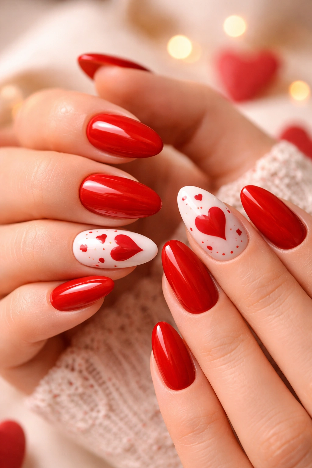 Close-up of hands with Romantic Red Hearts manicure featuring red nails with white heart accents on select nails.