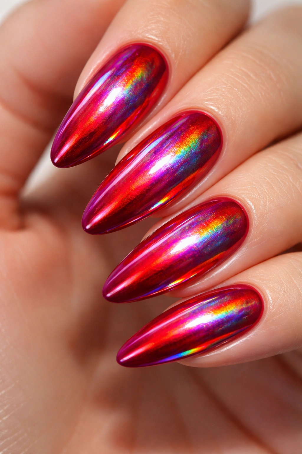 Cherry red nail with holographic chrome showing rainbow colors