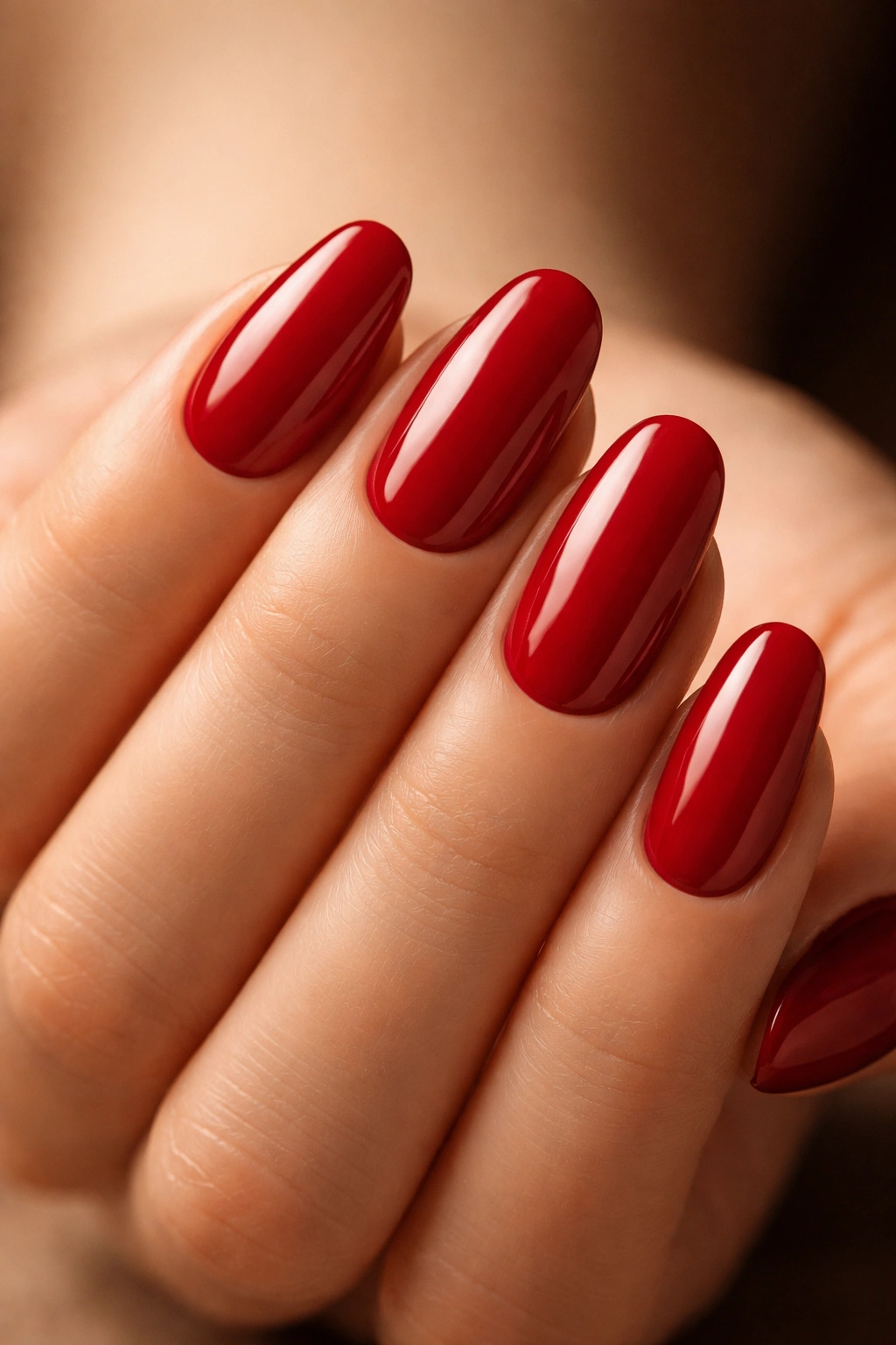 Close-up of hand with glossy red nails in a classic manicure.
