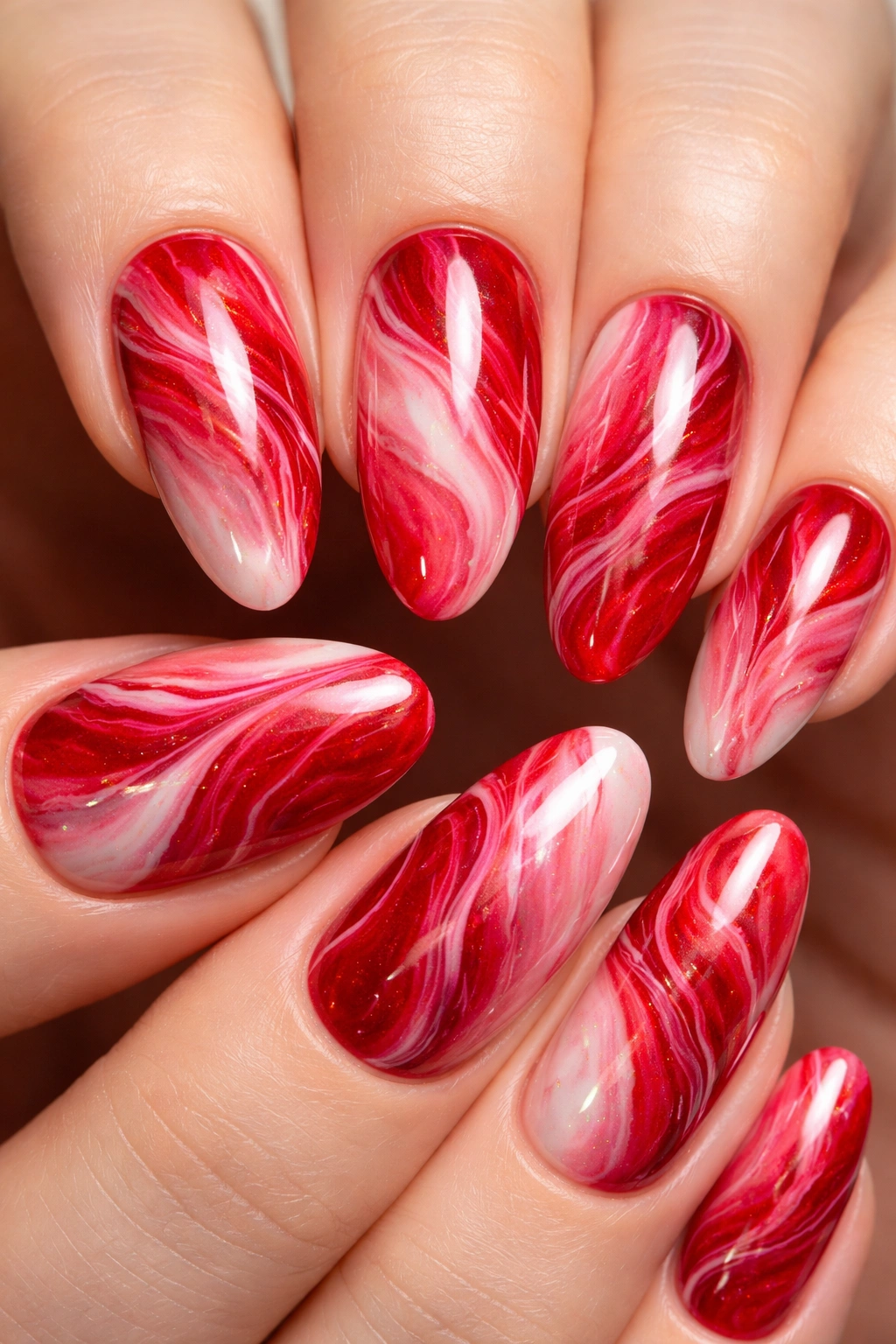 Close-up of red marble nails with pink and white swirls.
