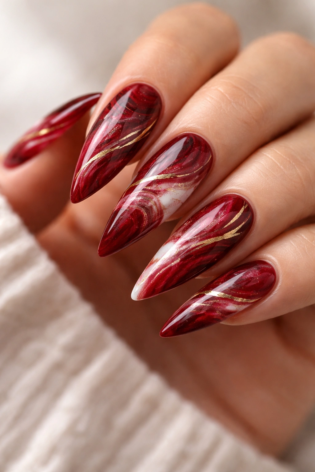Red marble pattern on stiletto nails with swirls