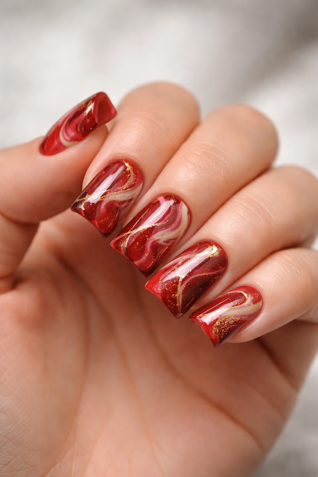 Close-up of red marble duck nails on short nails with swirling red burgundy white marbling