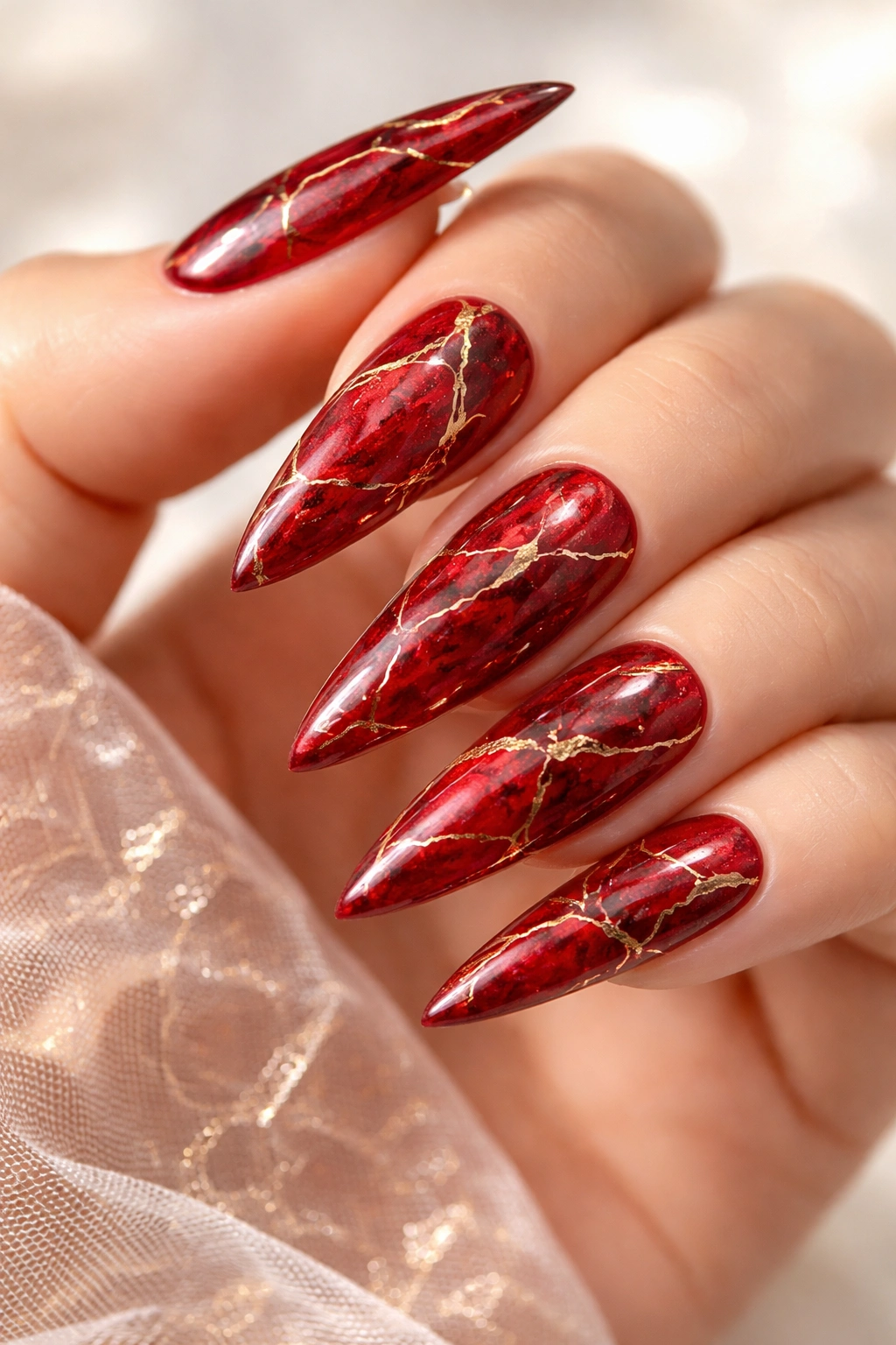 Close-up of red marble nails with gold veining for a luxe prom manicure.