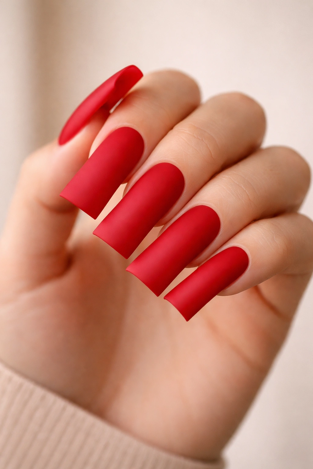 Close-up of red duck nails with a matte finish on a hand
