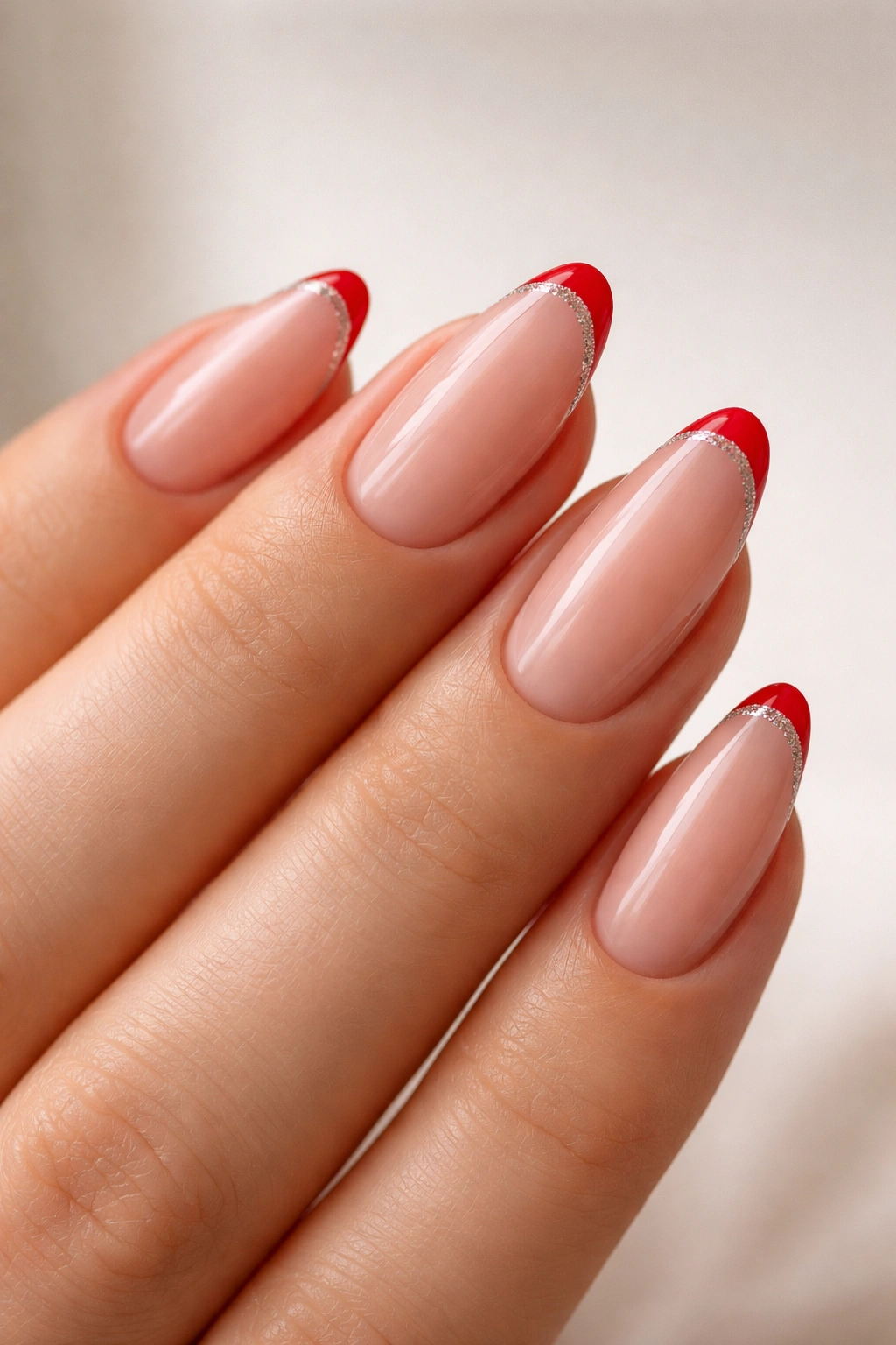 Close-up of almond nails with red micro tips and glitter outline