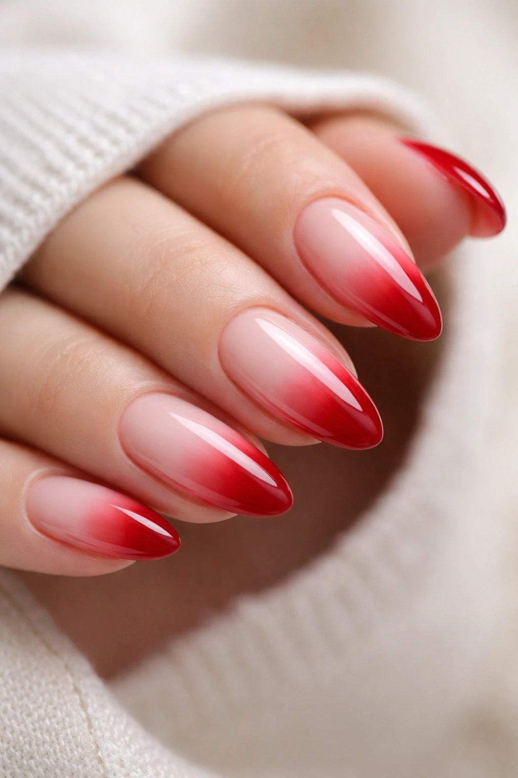 Almond nails with red to milky white fade on a hand